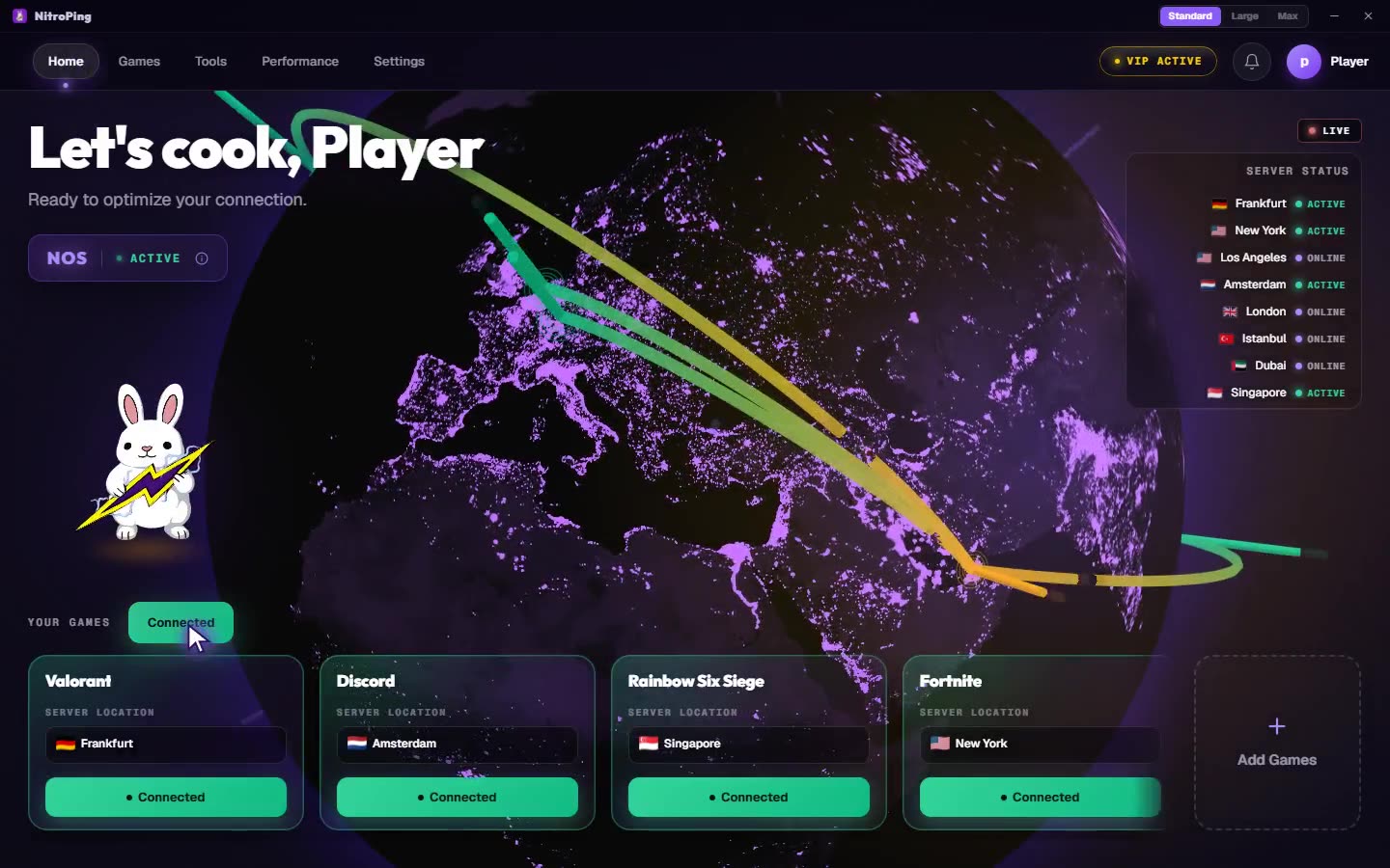 NitroPing desktop app showing connections to servers around the world